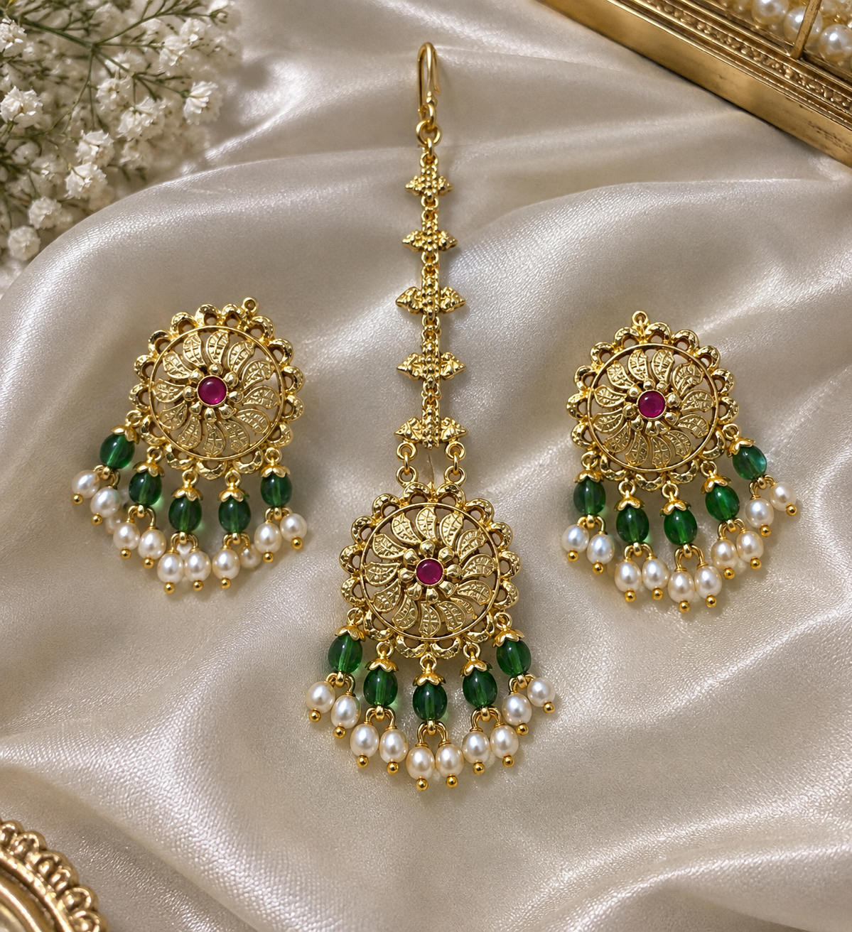 Ruby Floral Tikka & Earrings Set