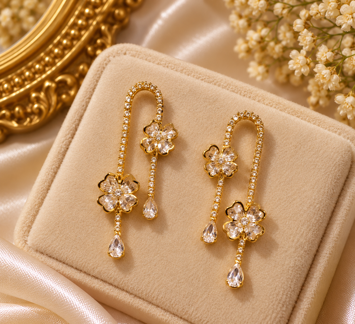 Premium Floral Crystal Drop Earrings