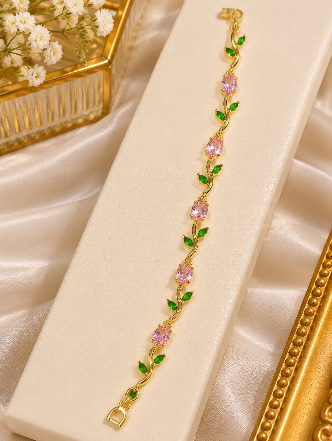 Premium Golden Bracelet with Pink & Green Stones