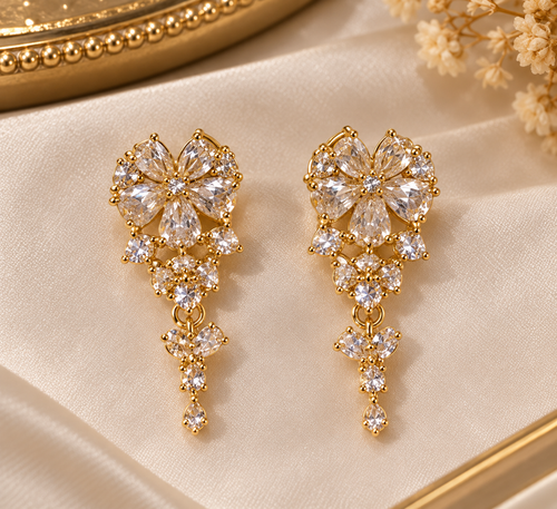 Elegant Gold-Colour Floral Crystal Earrings