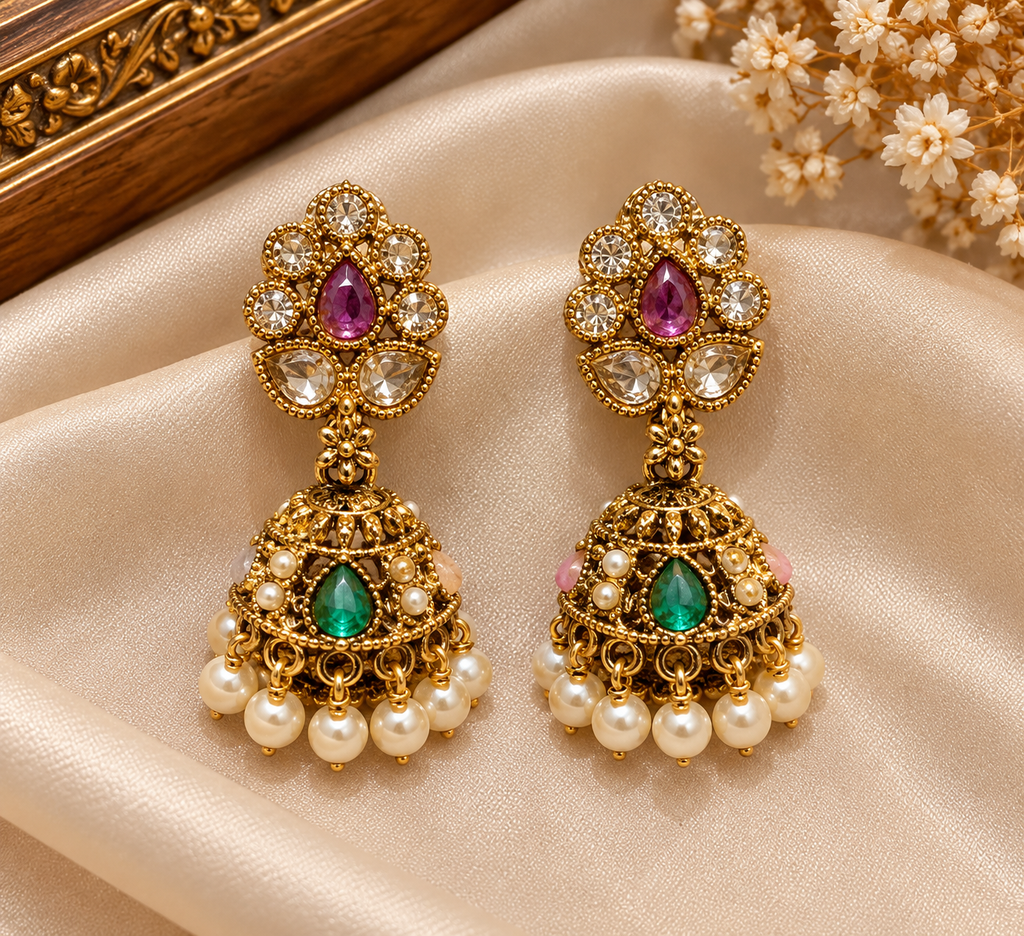 Premium Multicolour Kundan Jhumka Earrings