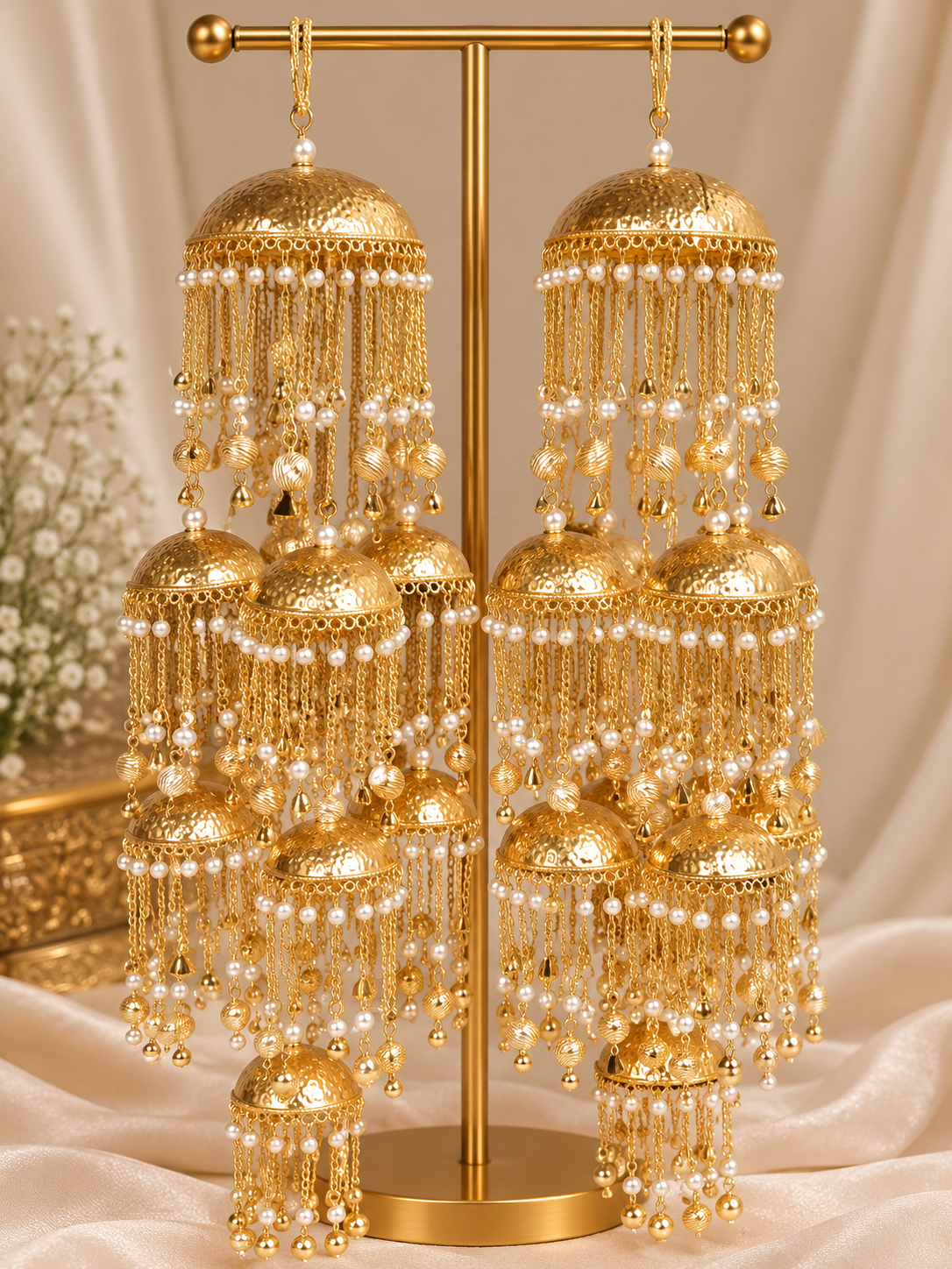 Premium Gold-Polish Bridal Kaleere with Pearl Detailing