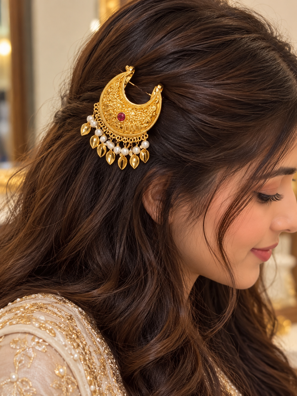 Premium Golden Crescent Hair Accessory - Royal Traditional Elegance