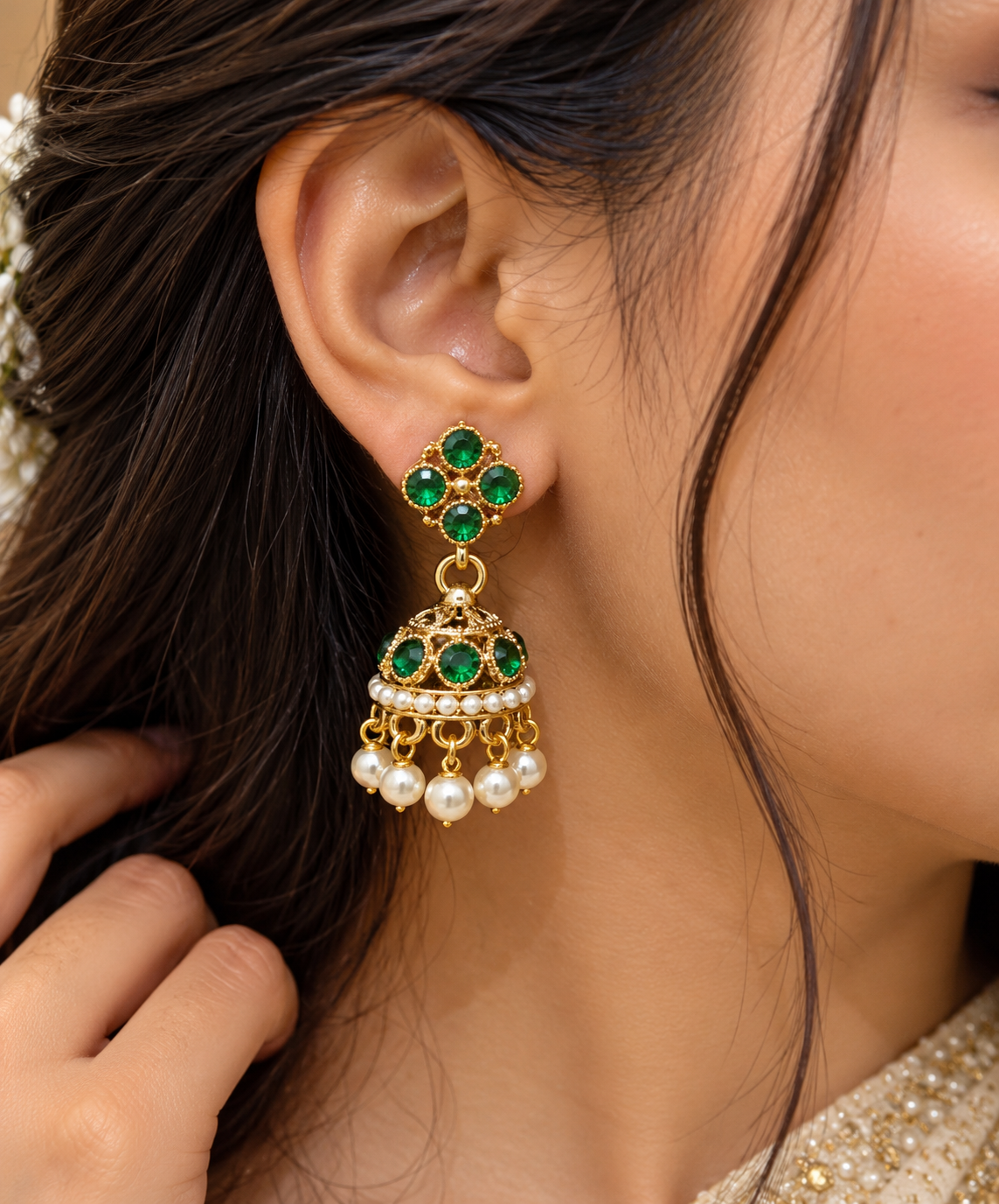Premium Antique Golden Pearl Jhumki Earrings - Traditional Collection