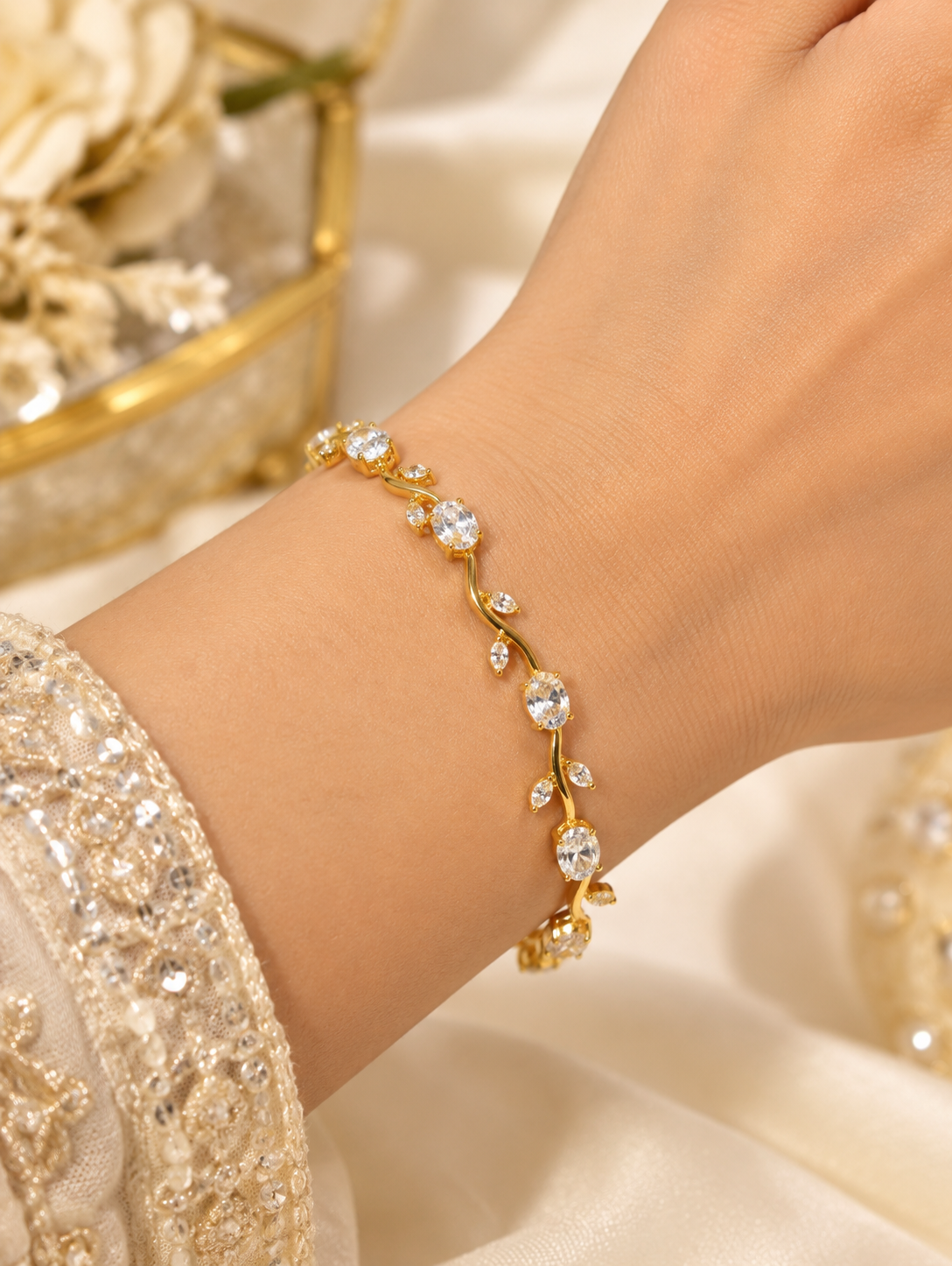 Golden Bracelet with Sparkling White Stones