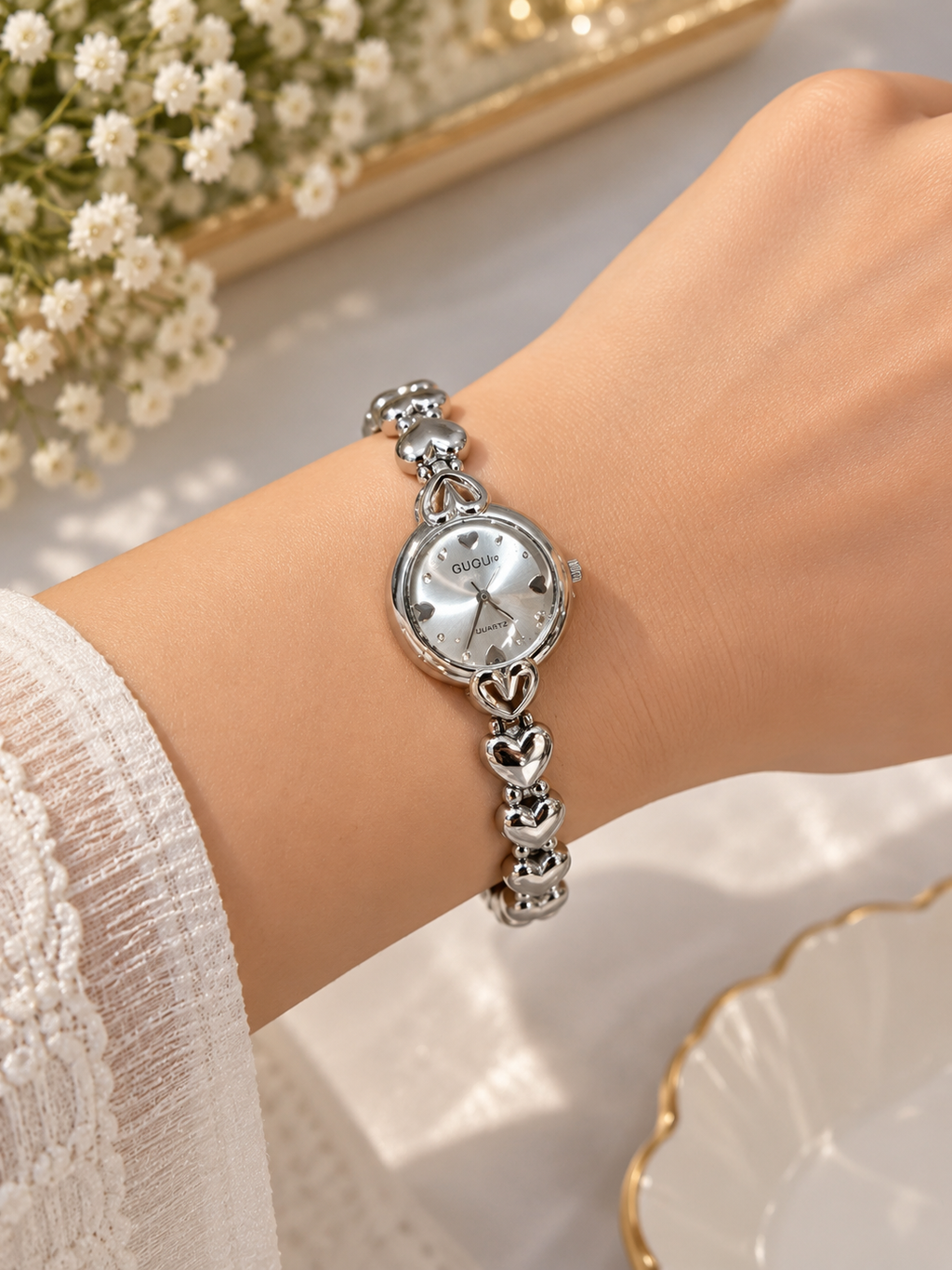 Premium Silver Heart Design Bracelet Watch