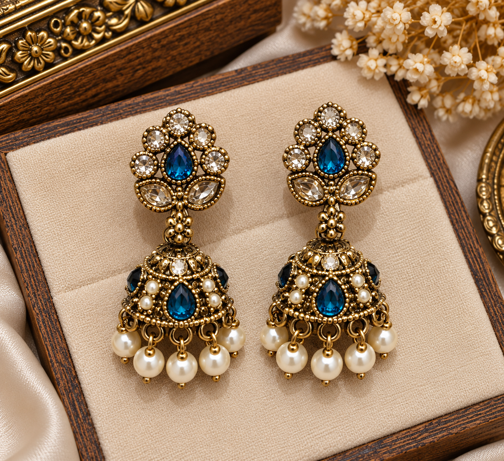 Premium Blue Stone Pearl Jhumki Earrings - Royal Traditional Collection