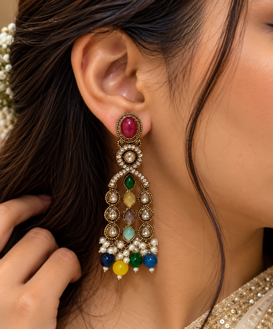 Premium Antique Kundan Pearl Drop Earrings - Royal Collection