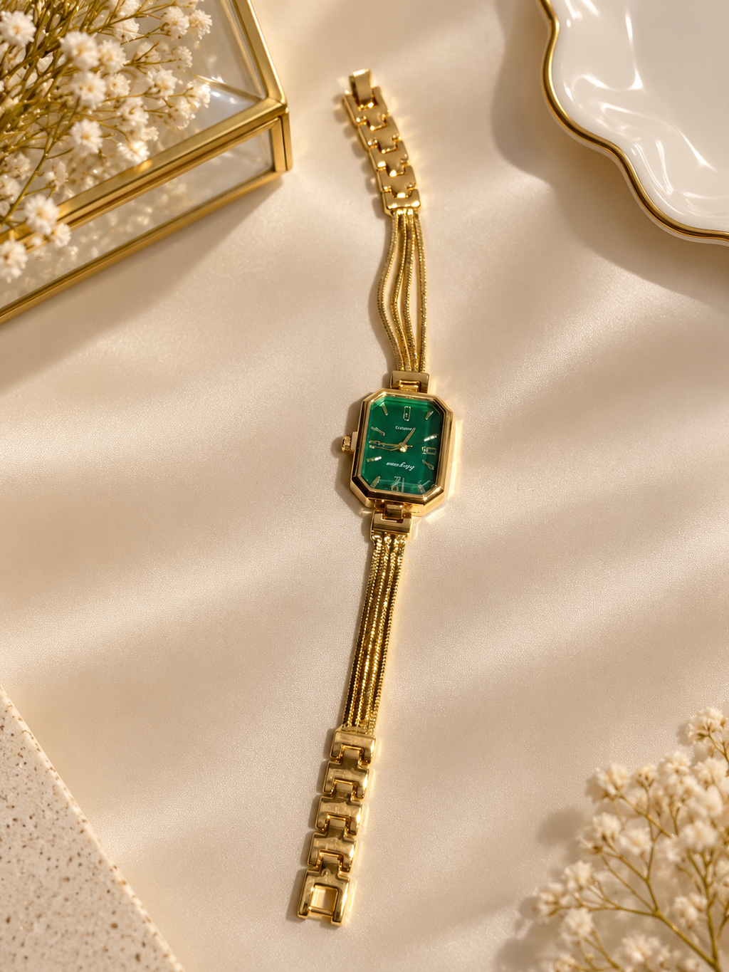 Elegant Gold-Colour with green dial bracelet watch