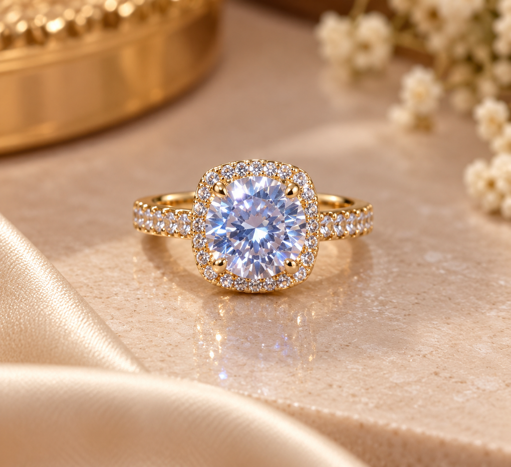 Premium Golden Halo Solitaire-Ring Timeless Elegance