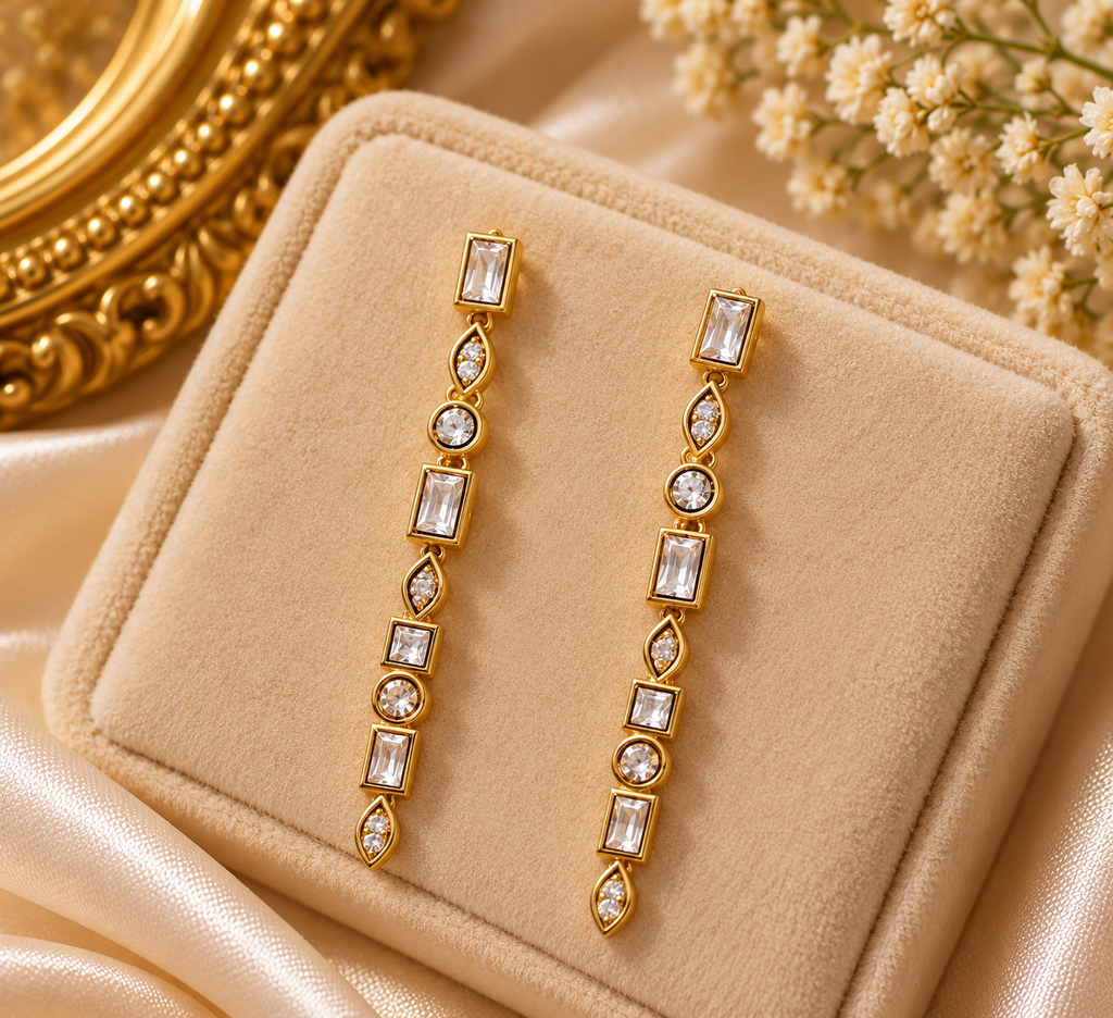 Premium Golden Geometric Crystal  Long Earrings