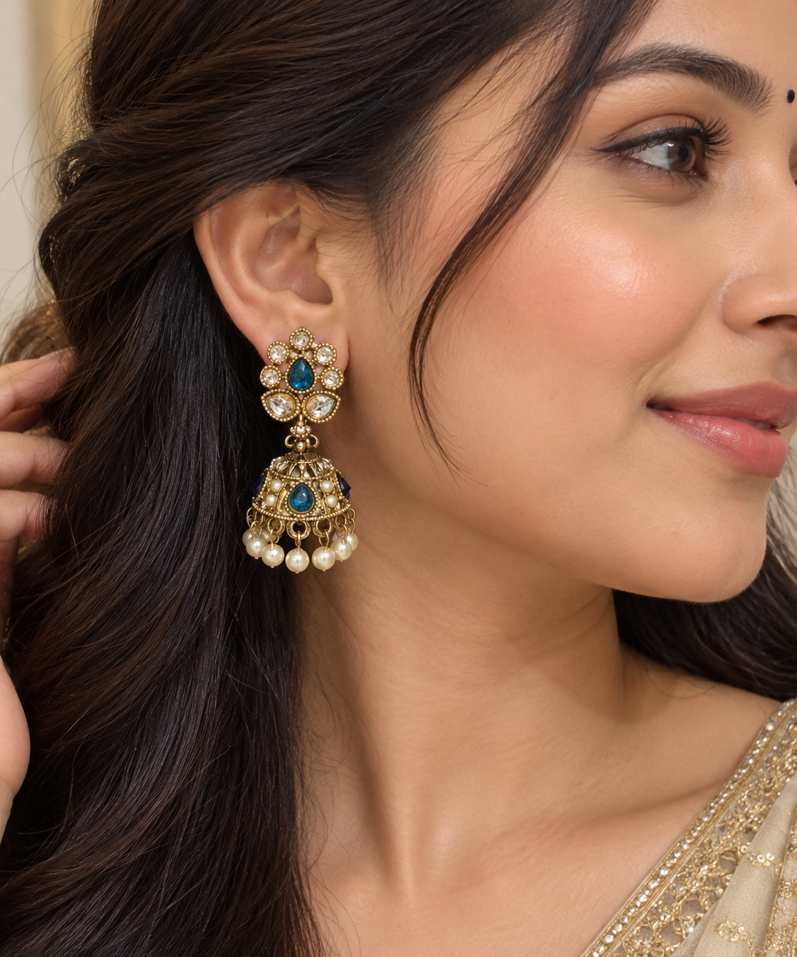 Premium Blue Stone Pearl Jhumki Earrings - Royal Traditional Collection