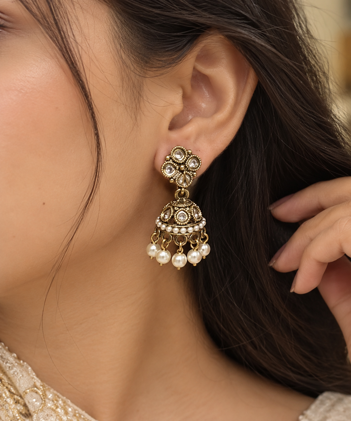 Premium Antique Golden Pearl Jhumki Earrings - Traditional Collection