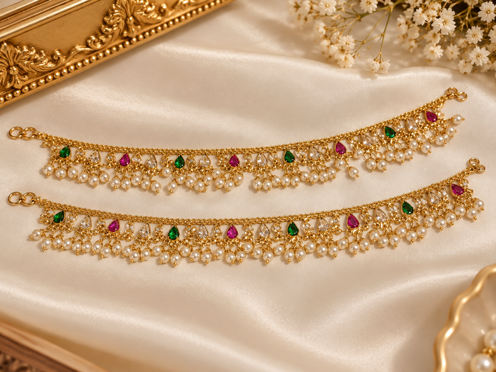 Premium Gold-Colour Multicolour Pearl Bridal Anklets (Payal)