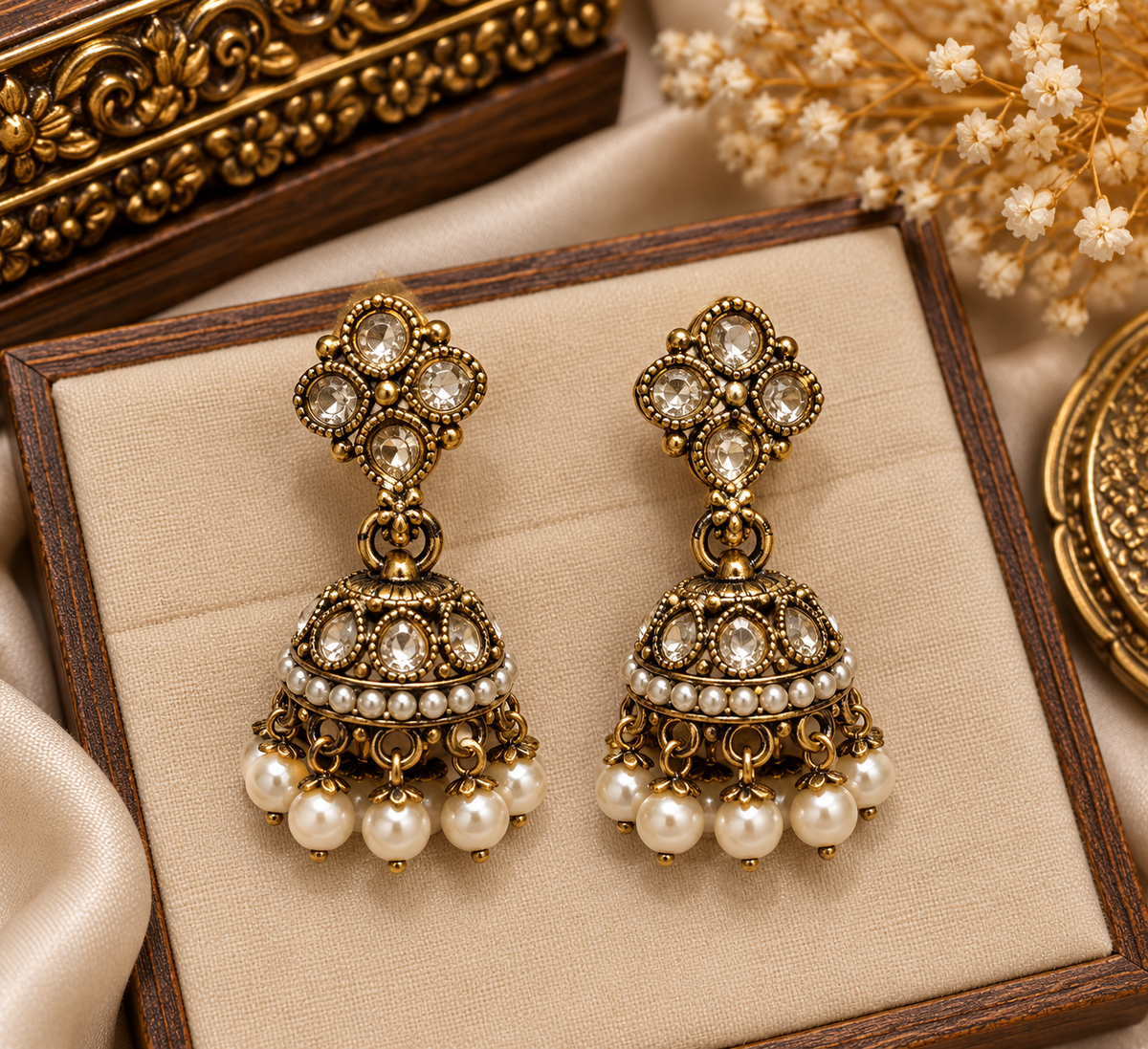 Premium Antique Golden Pearl Jhumki Earrings - Traditional Collection