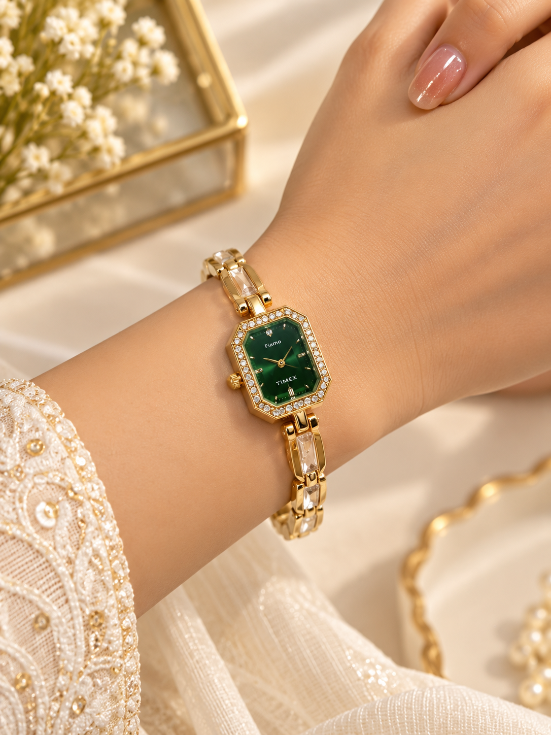 Premium  Gold-Colour Green Dial Bracelet Watch