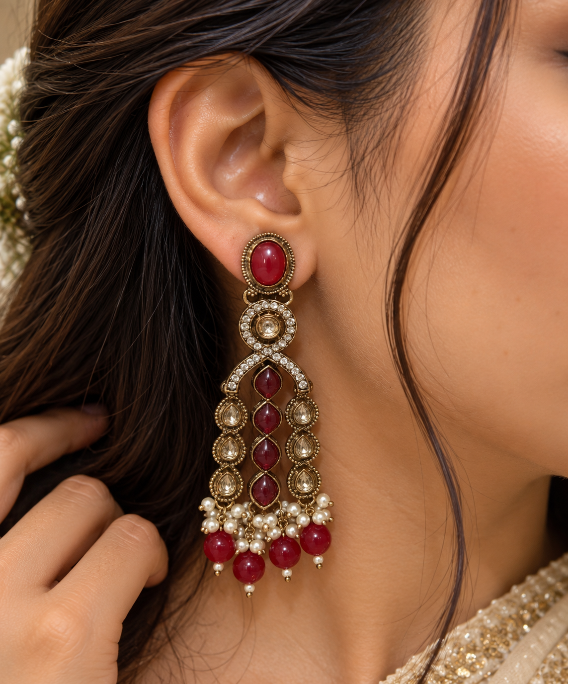 Premium Antique Kundan Pearl Drop Earrings - Royal Collection