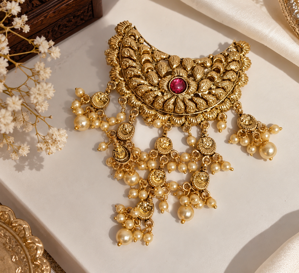 Premium Antique Gold Hair Pin with Pearl Drops