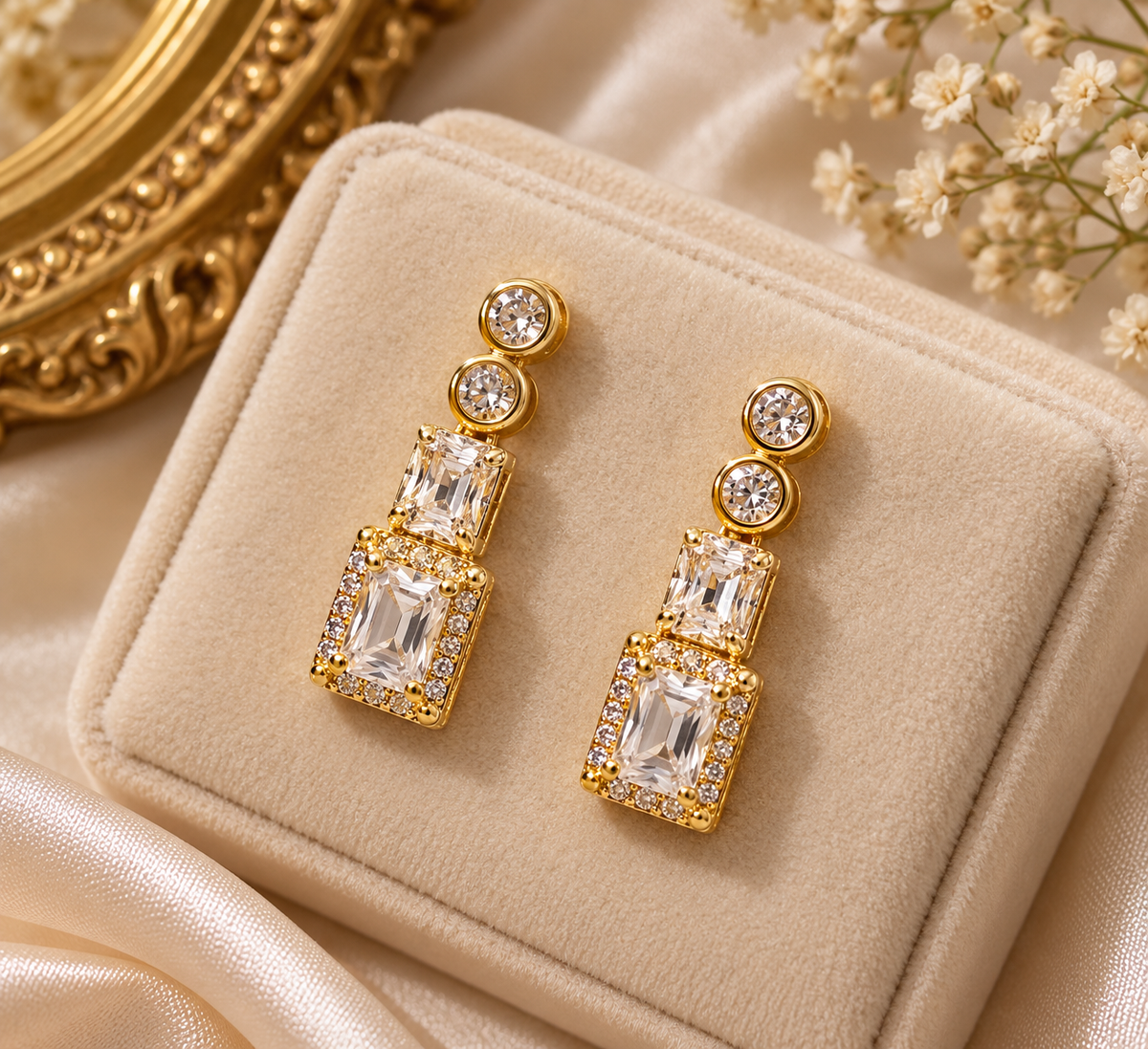 Premium Gold-Colour Geometric Crystal Drop Earrings