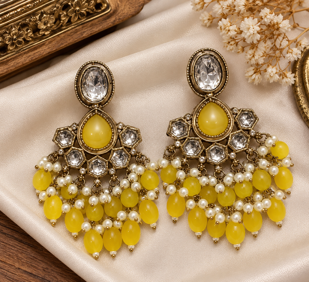 Premium Yellow Beaded Kundan Earrings