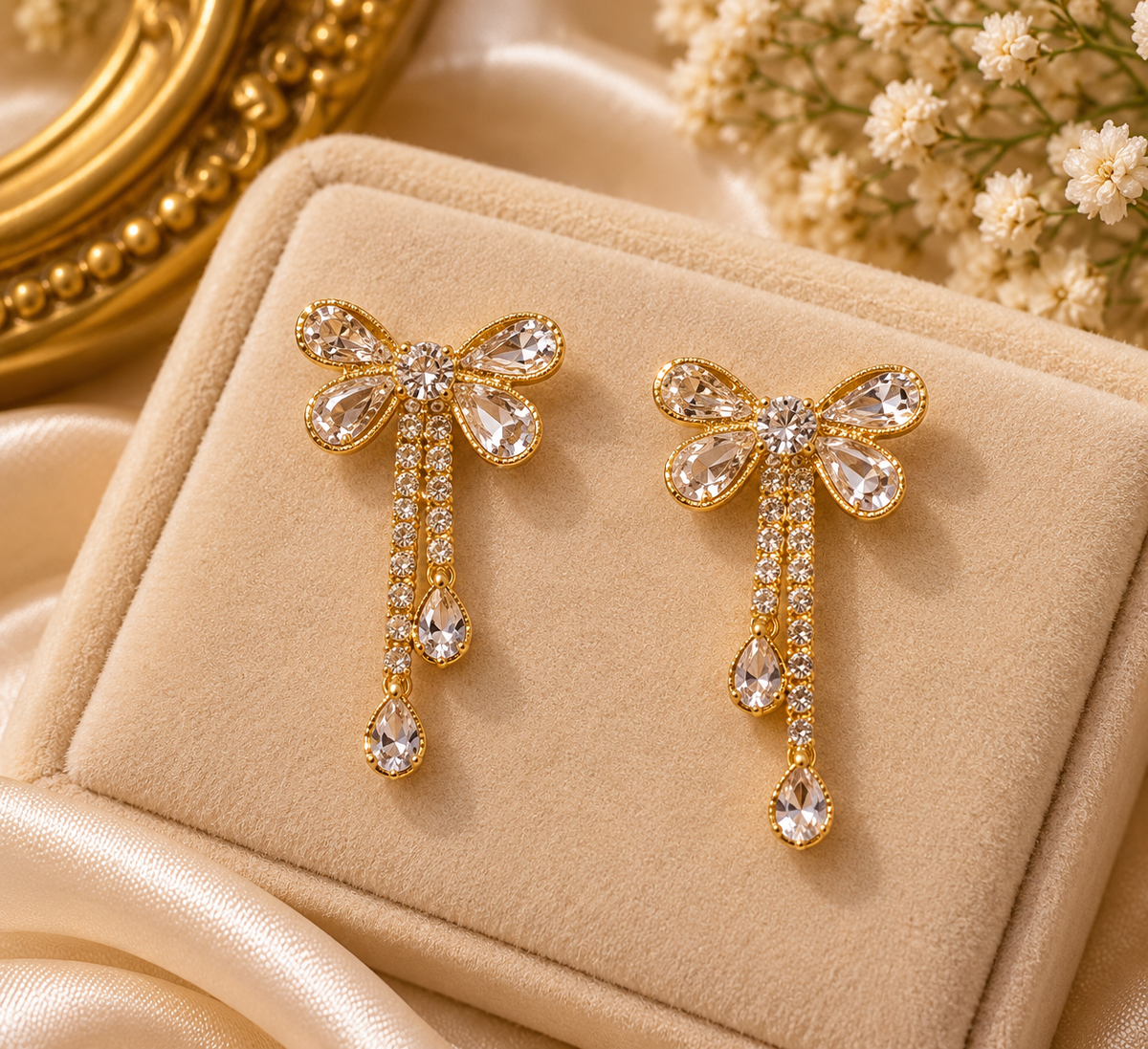Premium Gold-Colour Crystal Bow Drop Earrings