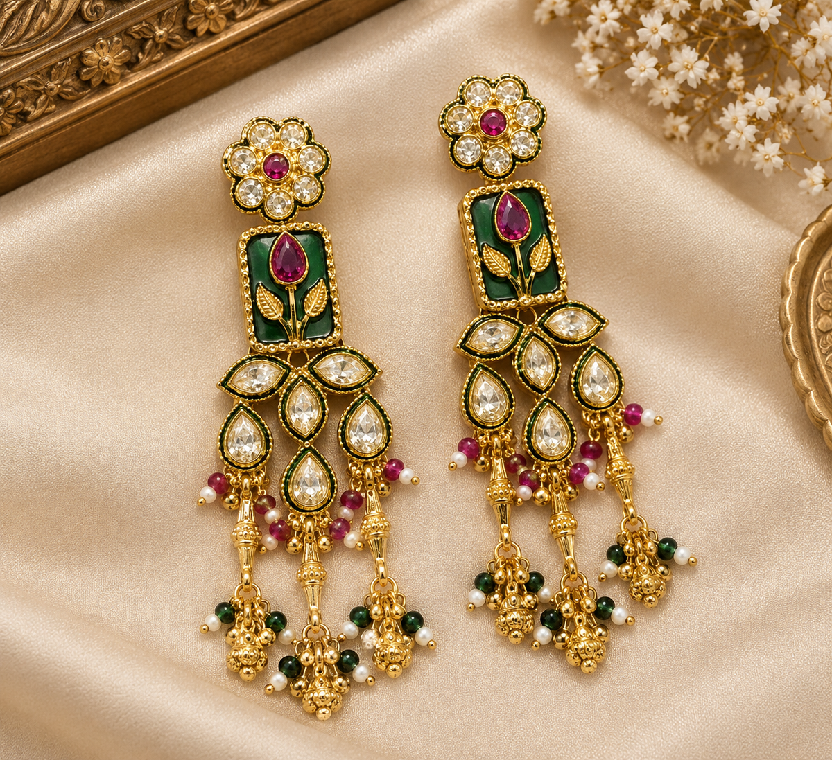 Premium Green Meenakari Earrings - Royal Bridal Collection