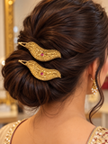 Premium Golden Polish Hair Pin Set with Pink Stone Detailing