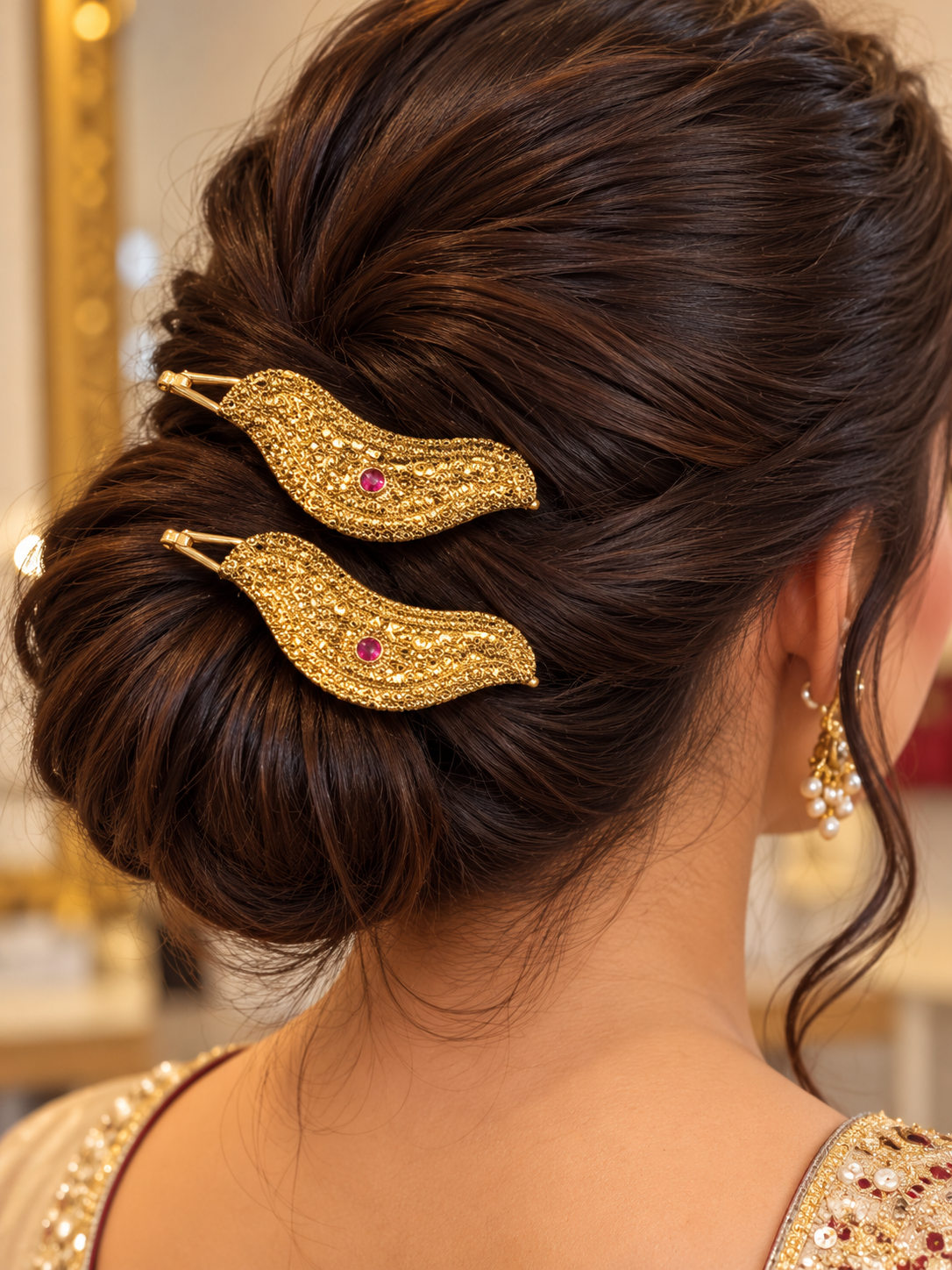 Premium Golden Polish Hair Pin Set with Pink Stone Detailing