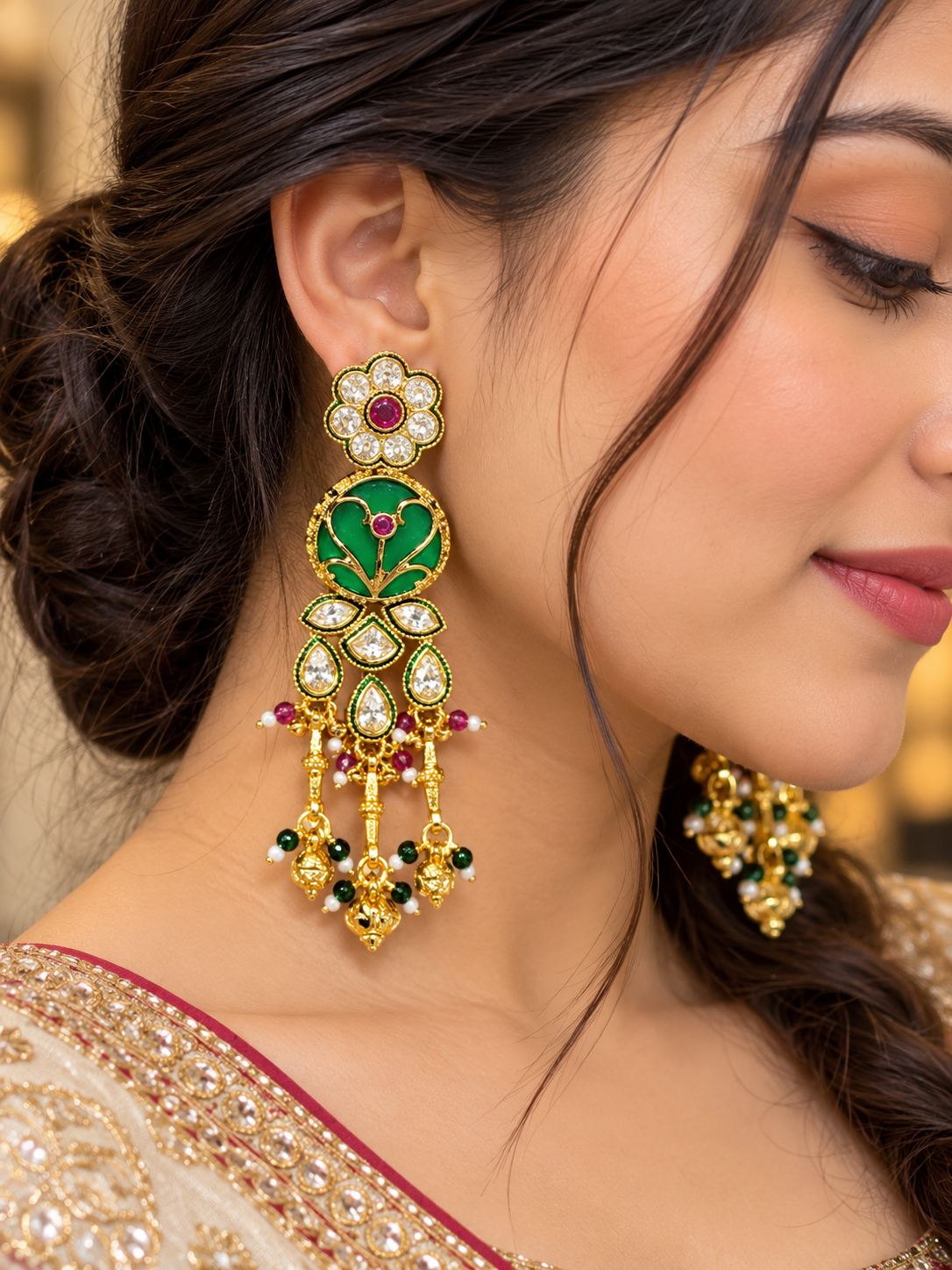 Premium Green Meenakari Kundan Earrings - Royal Ethnic Collection