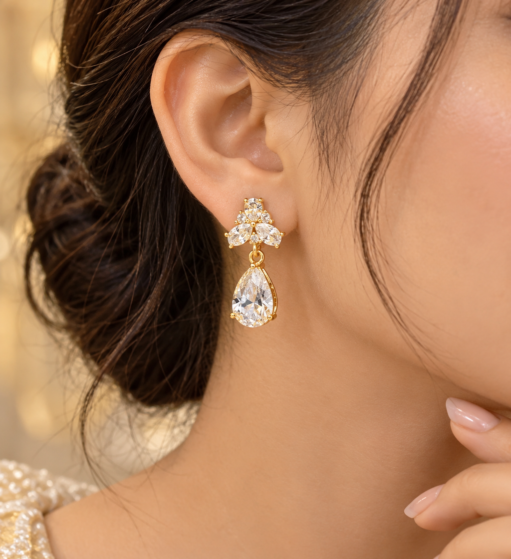 Premium Golden Floral Crystal Drop Earrings