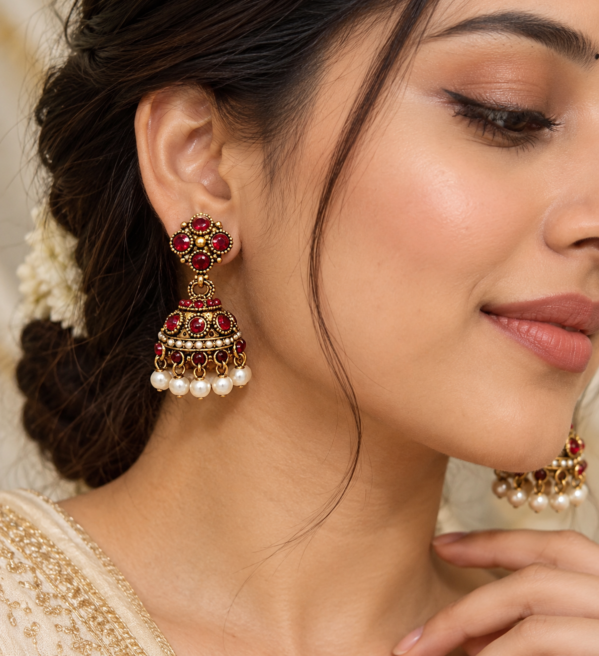 Premium Antique Golden Pearl Jhumki Earrings - Traditional Collection