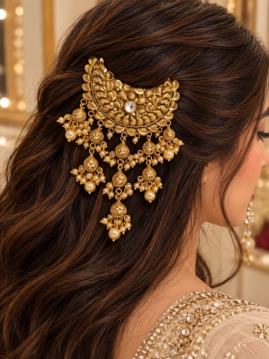 Premium Antique Gold Hair Pin with Pearl Drops