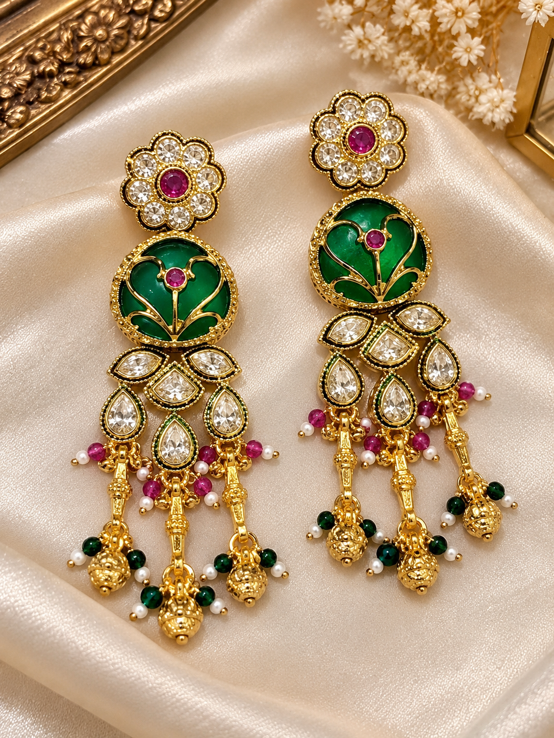 Premium Green Meenakari Kundan Earrings - Royal Ethnic Collection