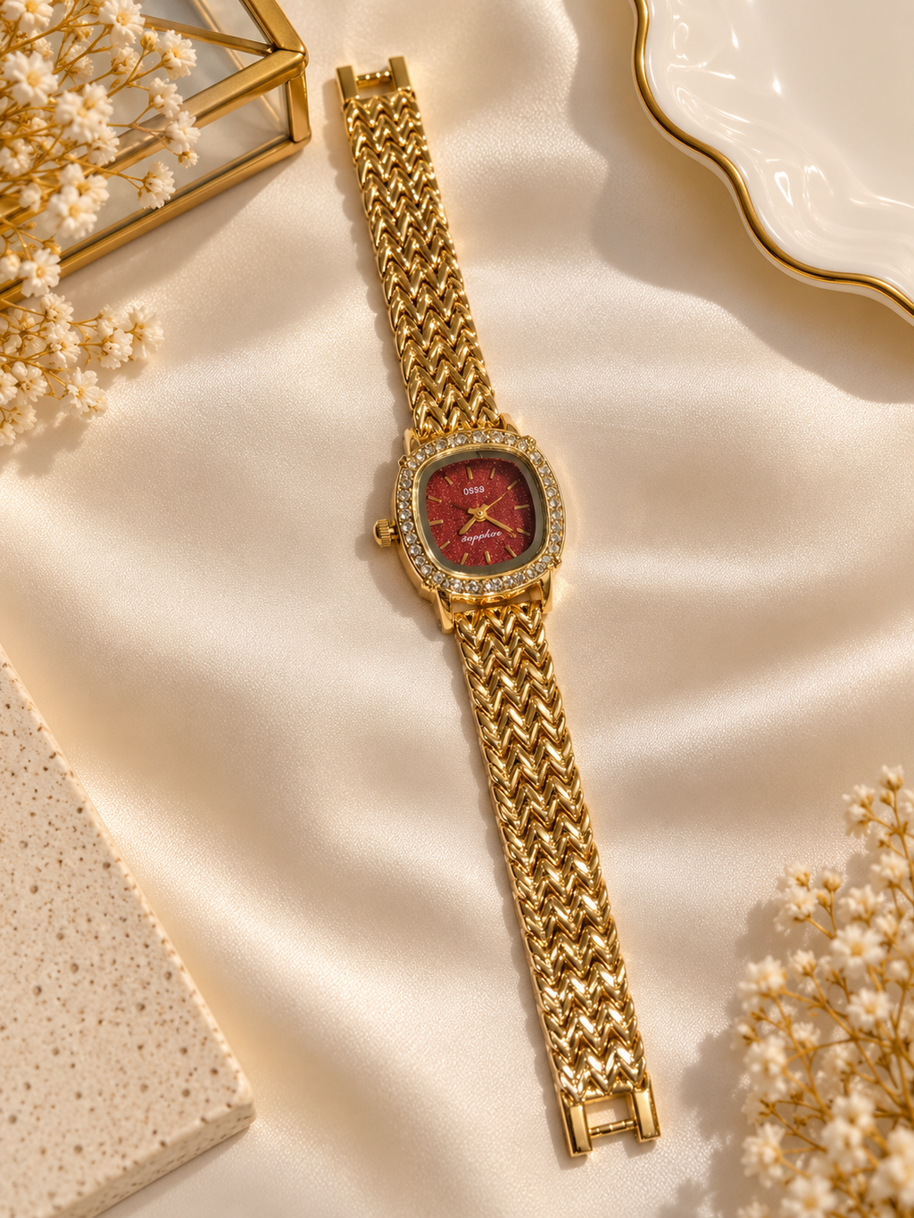 Premium Gold-Colour Maroon Dial Bracelet Watch