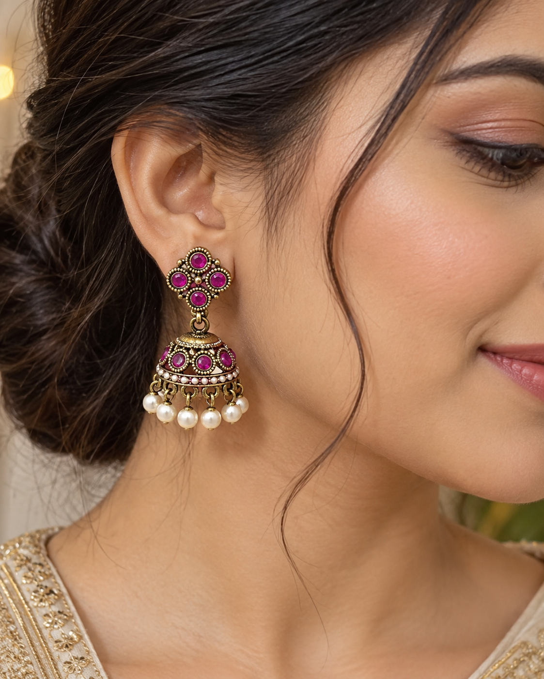 Premium Antique Golden Pearl Jhumki Earrings - Traditional Collection