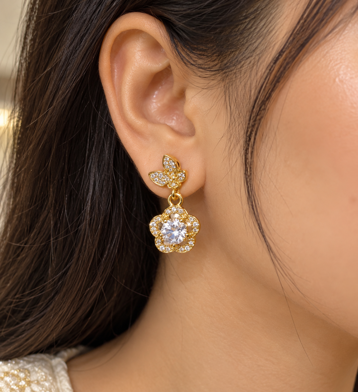 Premium Golden Floral Crystal  Drop Earrings
