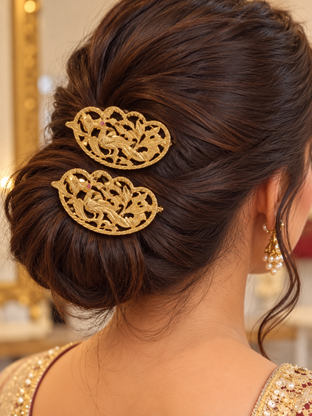 Premium Golden Floral Bird Design Hair Pins