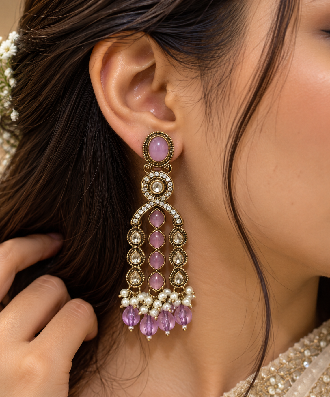 Premium Antique Kundan Pearl Drop Earrings - Royal Collection