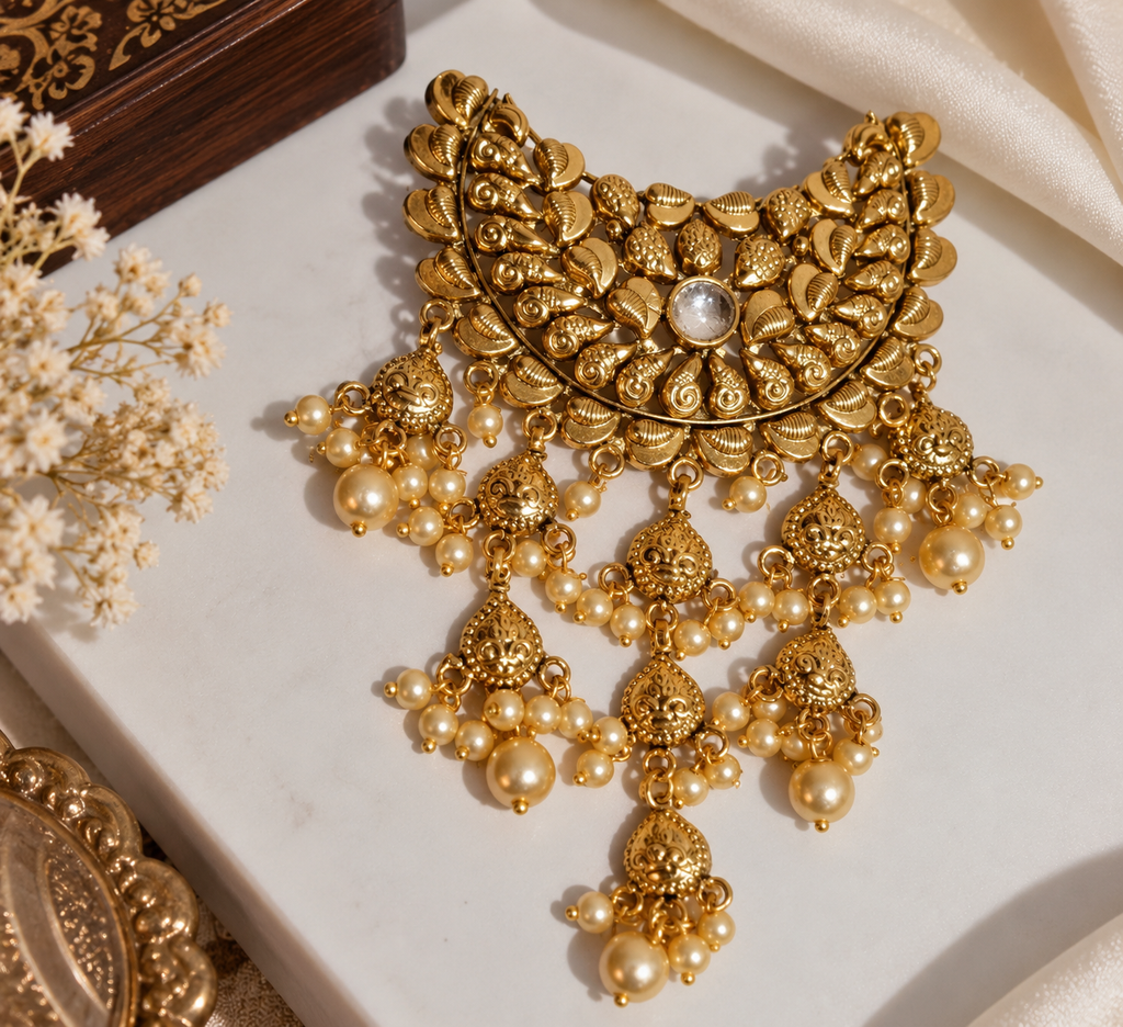 Premium Antique Gold Hair Pin with Pearl Drops