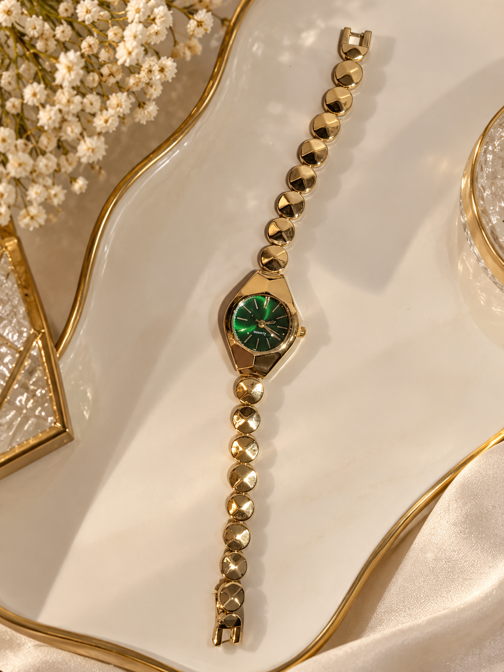 Premium Golden Bracelet Watch with Emerald Green Dial