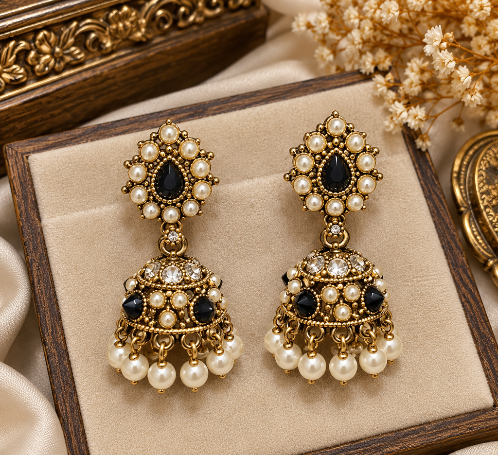 Premium Black Stone Pearl Jumki Earrings - Royal Collection