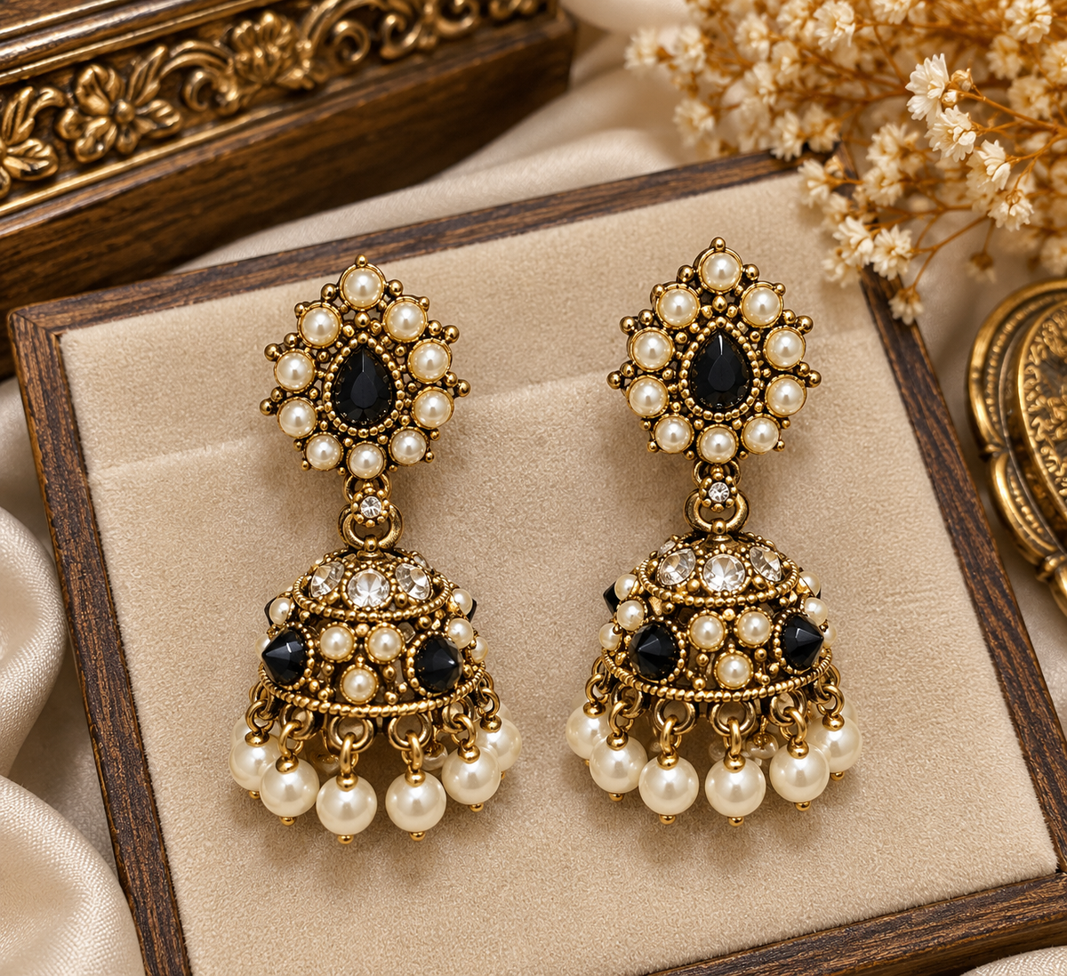 Premium Black Stone Pearl Jumki Earrings - Royal Collection