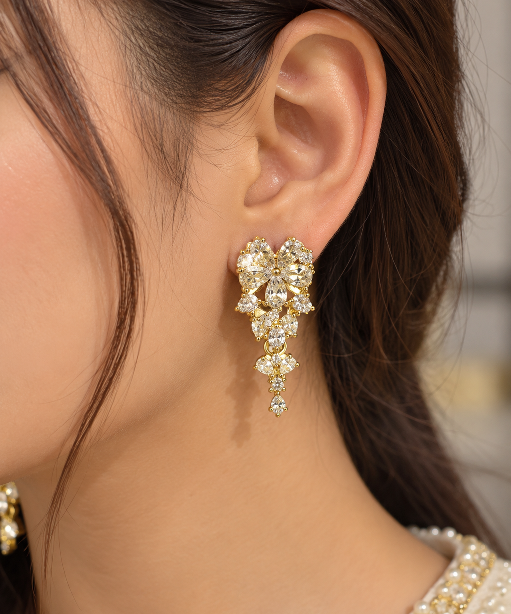 Elegant Gold-Colour Floral Crystal Earrings