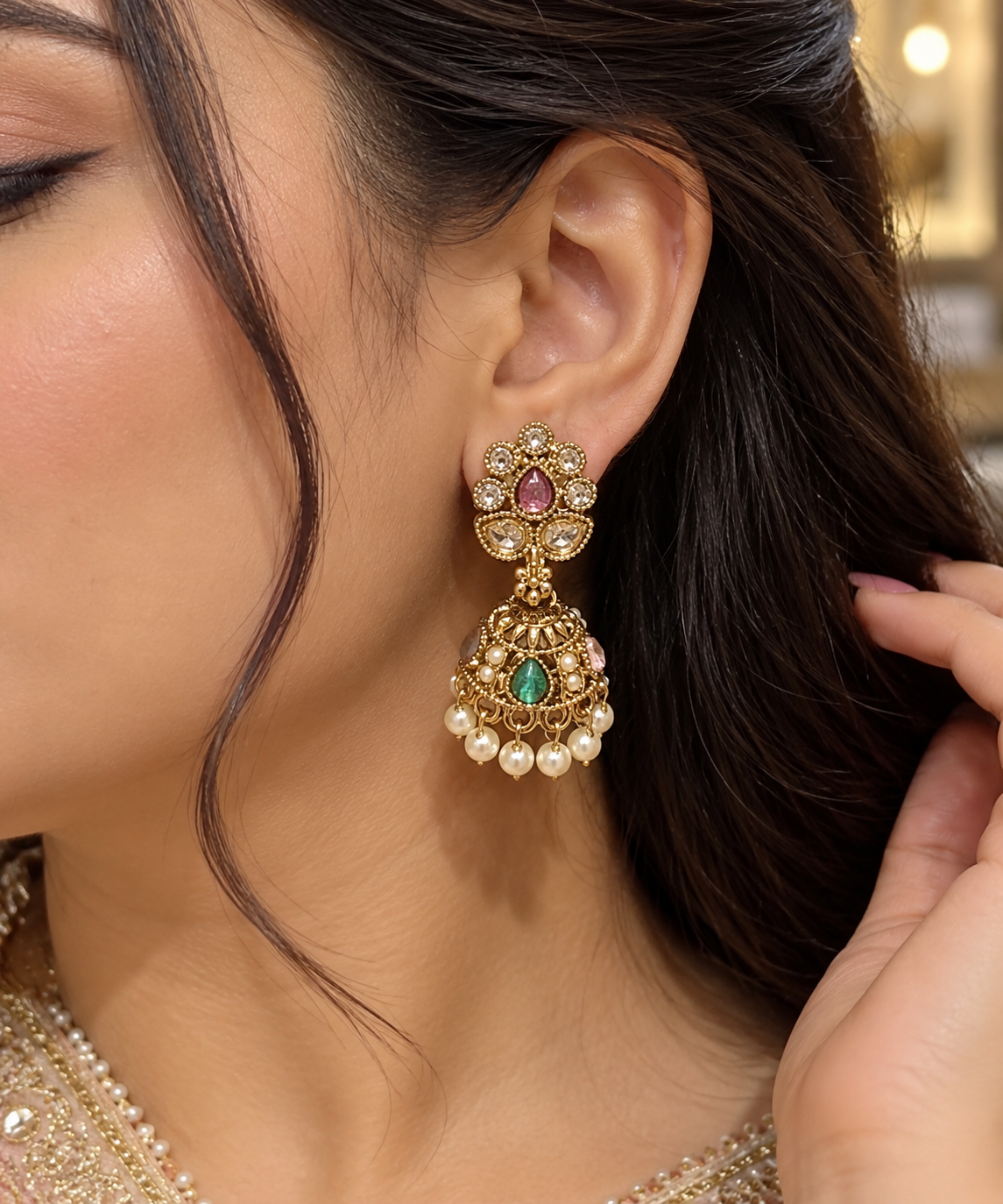 Premium Multicolour Kundan Jhumka Earrings
