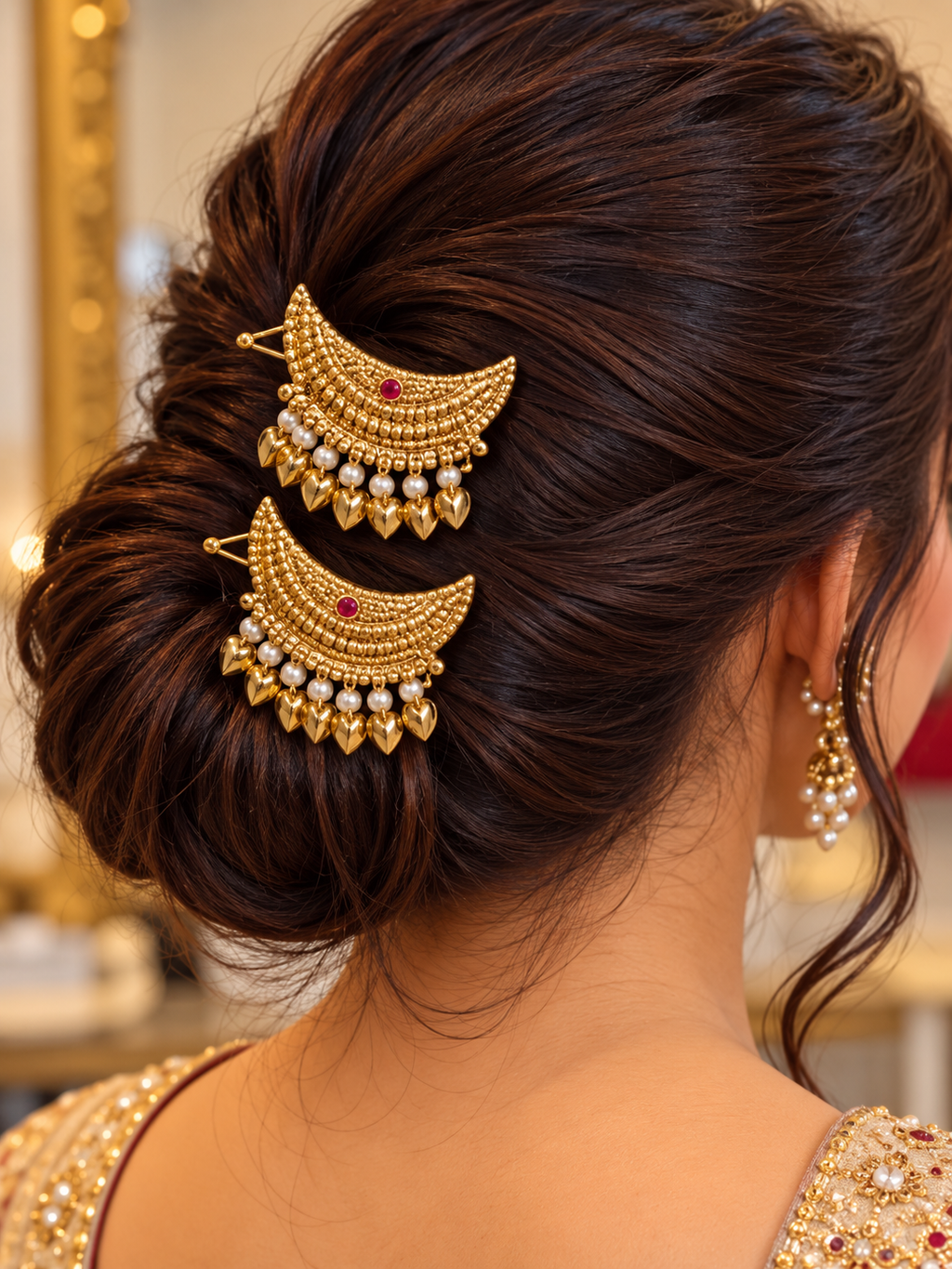 Premium Golden Crescent Hair Pin Set with Pearl & Heart Charms