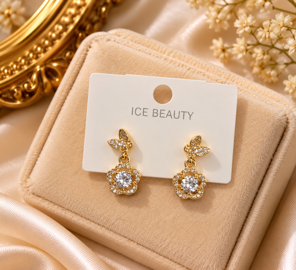 Premium Golden Floral Crystal  Drop Earrings