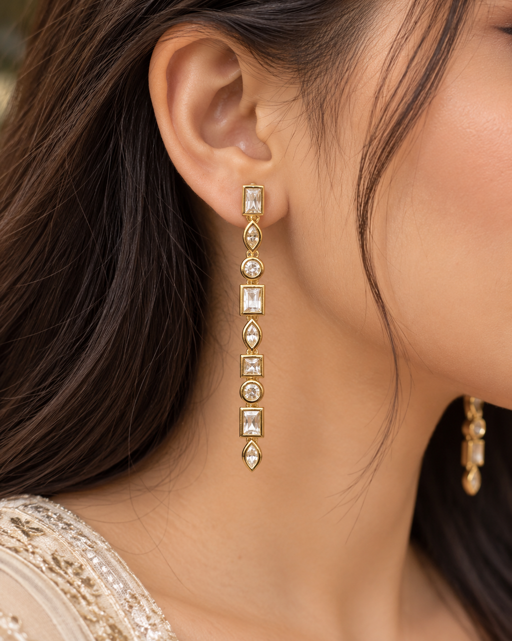 Premium Golden Geometric Crystal  Long Earrings