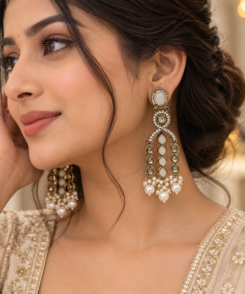 Premium Antique Kundan Pearl Drop Earrings - Royal Collection