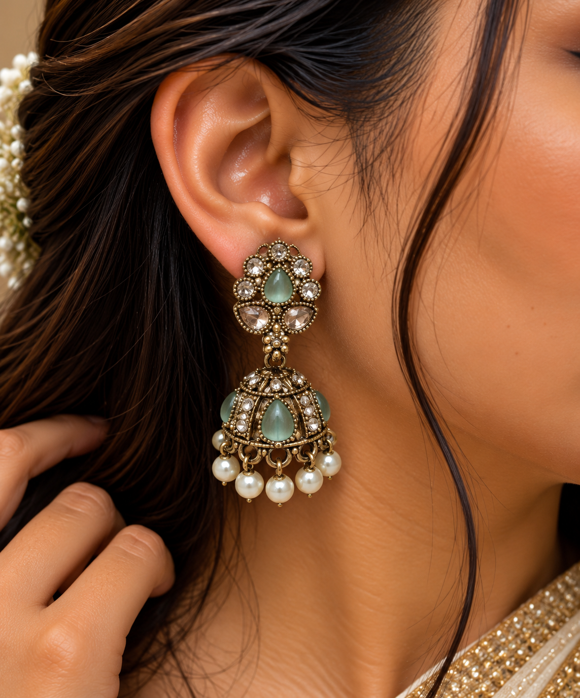 Premium Blue Stone Pearl Jhumki Earrings - Royal Traditional Collection
