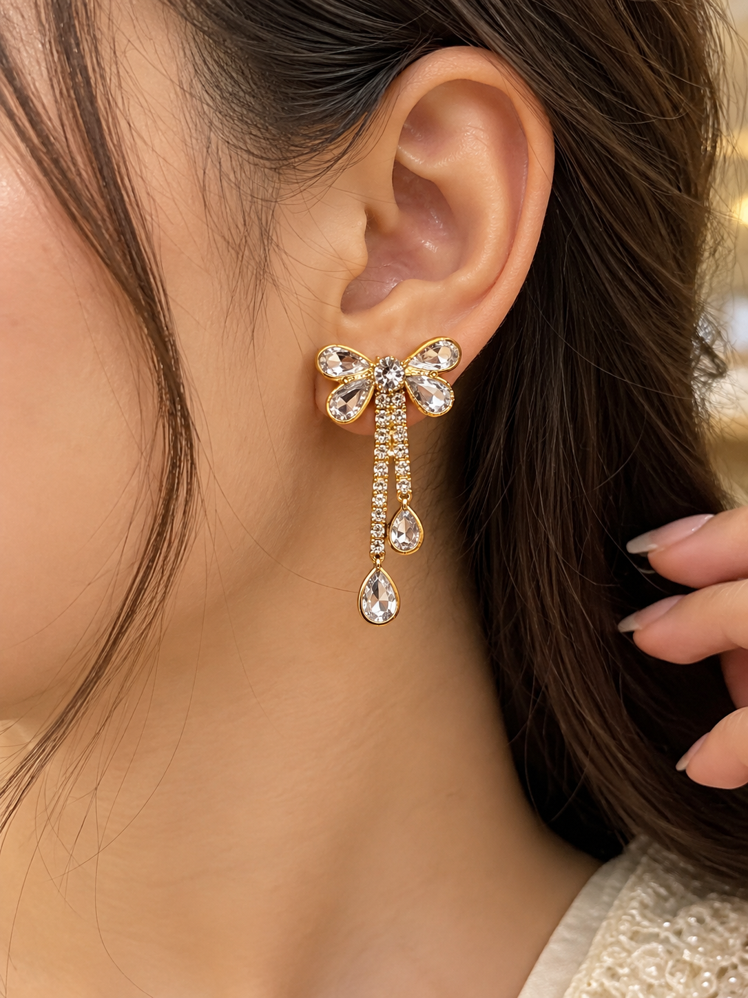 Premium Gold-Colour Crystal Bow Drop Earrings